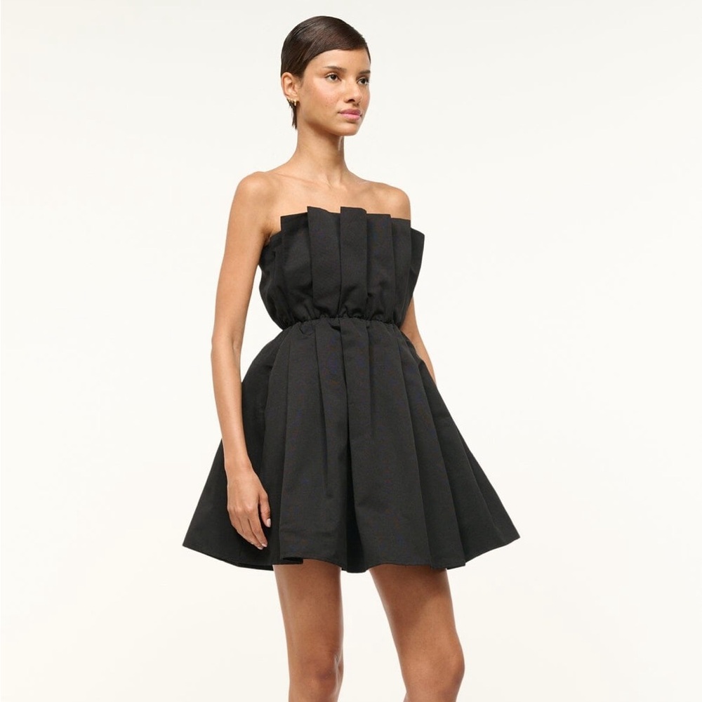STAUD Cordelia Pleated Strapless Mini Dress Black Pockets Corset Size Medium - Picture 10 of 16